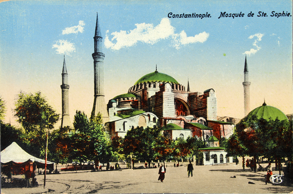 Color photomechanical printed postcard of the Church of the Holy Wisdom